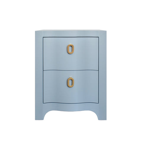 Helena Curved Front Two Drawer Side Table - Light Blue Linen & Brass