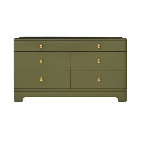 Kilmer Rounded Edge Six Drawer Chest - Olive Green Matte Lacquer w/Brass Beetle Knobs