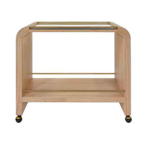 Myer Waterfall Edge Bar Cart with Antique Brass Rails - Natural Oak