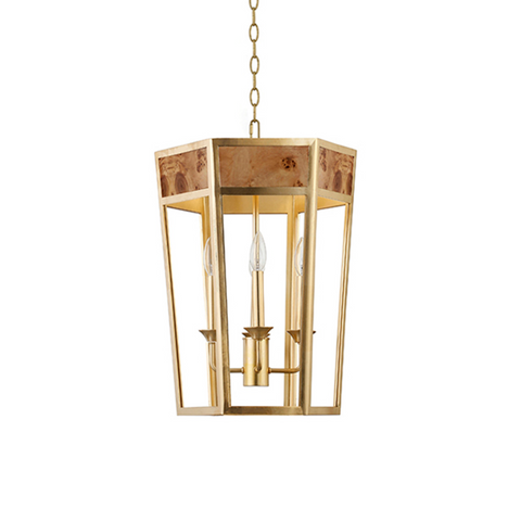 Ren Four Light Burlwood and Gold Metal Hexagon Pendant Light