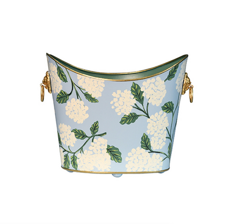 Wastebasket - Hydrangea Handpainted Oval Metal with Goldtone Lionhead Handles