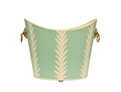 Wastebasket - Frond Handpainted Oval Metal with Goldtone Lionhead Handles