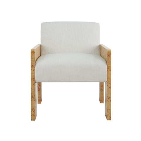 Astor Light Burlwood Square Arm Accent Chair with White Performance Linen Upholstery