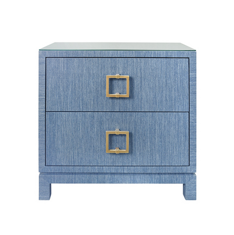 Cole Light Blue Dyed Grasscloth Two Drawer Side Table with Glass Top and Satin Brass Drawer Pulls