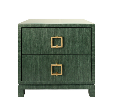 Cole Green Dyed Grasscloth Side Table with Glass Top and Satin Brass Drawer Pulls