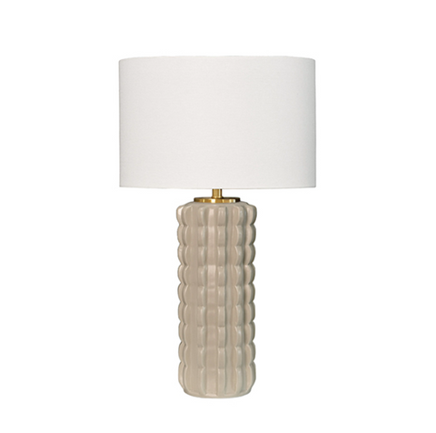 Cece Beige Glazed Scalloped Ceramic Table Lamp with White Linen Shade, Ceramic Finial, and Brass Accent