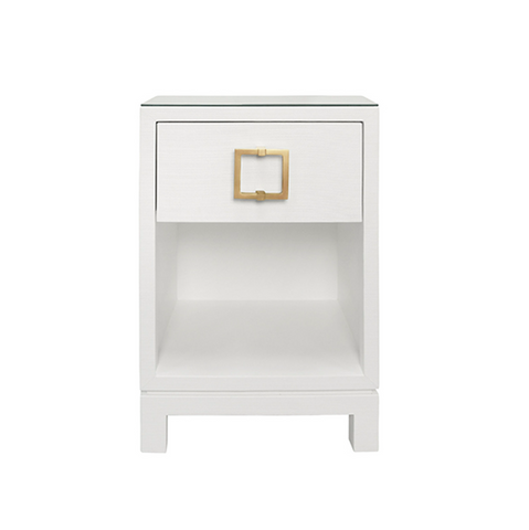Blair White Textured Linen, One Drawer Square Side Table with Satin Brass Drawer Pull and Glass Top