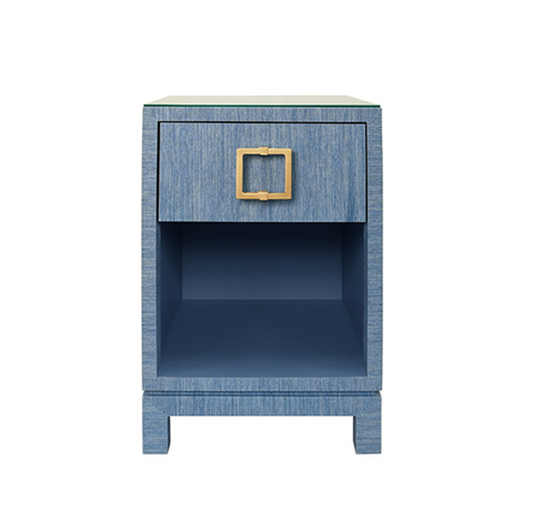 Blair Light Blue Grasscloth One Drawer Square Side Table with Satin Brass Drawer Pull and Glass Top