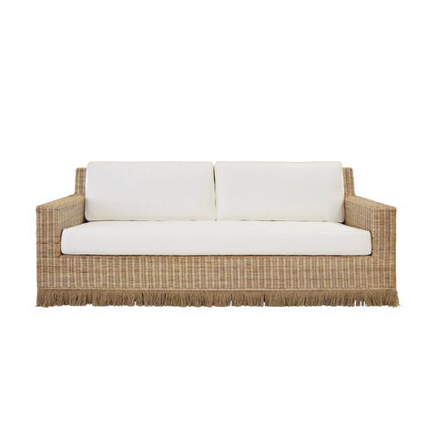 Tenny Lawson Style Rattan Sofa with Ivory Linen Cushions and Fringed Skirt