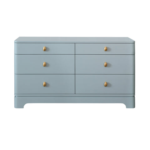 Kilmer Rounded Edge Six Drawer Chest - Light Blue Matte Lacquer w/Brass Beetle Knobs