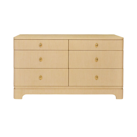 Kilmer Rounded Edge Six Drawer Chest - Natural Grasscloth w/Brass Beetle Knobs