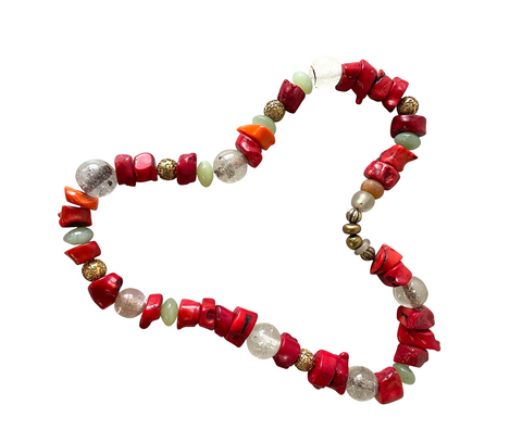 Antique Red Coral, Jade, Glass and Brass Beaded Necklace