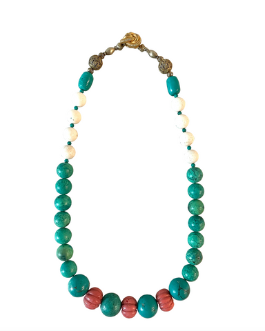 Vintage Turquoise and Antique Carved Coral Necklace