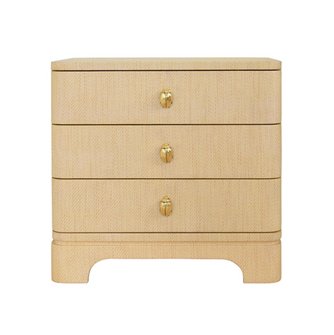 Fortune Rounded Edge Three Drawer Side Table - Natural Grasscloth w/Brass Beetle Knobs