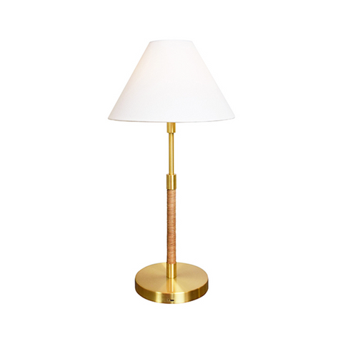 Melton Rechargeable Rattan Pole Table Lamp - Brass with White Linen Shade