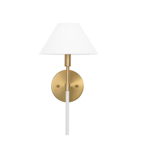 Alfie Brushed Brass Wall Sconce w/Linen Coolie Shade - White Lacquer Rod