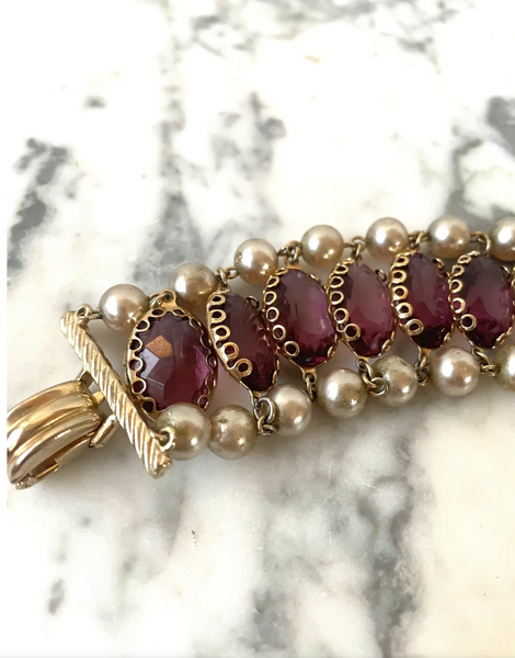 Vintage Estate Coro Gold Plated Bracelet with Faux Pearls and Amethyst Stones