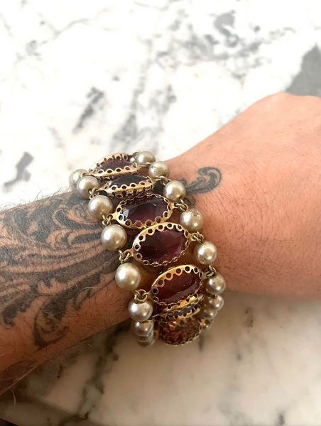 Vintage Estate Coro Gold Plated Bracelet with Faux Pearls and Amethyst Stones