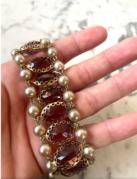 Vintage Estate Coro Gold Plated Bracelet with Faux Pearls and Amethyst Stones