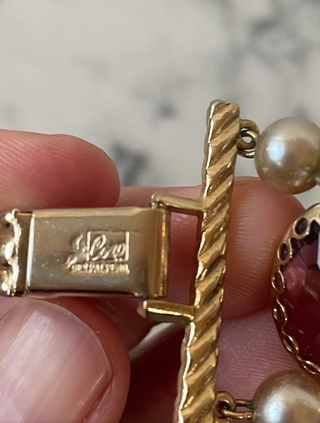 Vintage Estate Coro Gold Plated Bracelet with Faux Pearls and Amethyst Stones