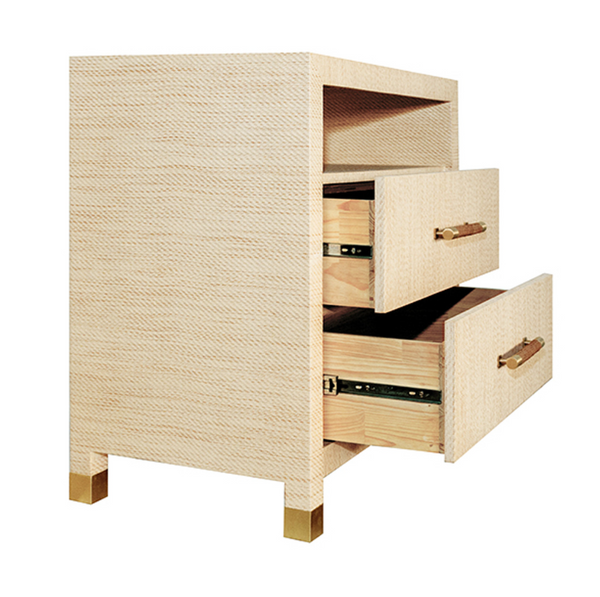 Hancock Natural Grasscloth Two Drawer Side Table with Rattan Wrapped Handles and Brass Accents
