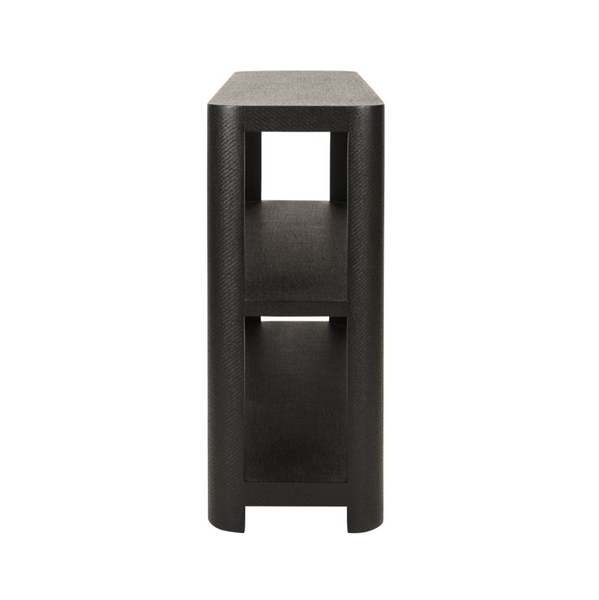 Emery Black Grasscloth Three Tier Console