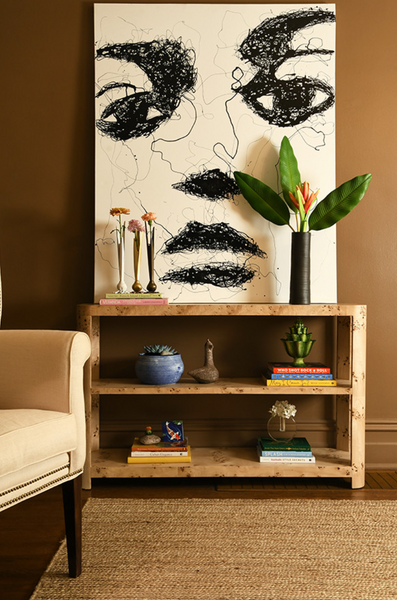Emery Light Burlwood Three Tier Console Table