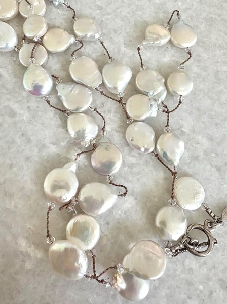 Vintage Margo Morrison Freshwater Pearl, Swarovski Crystal, and Sterling Silver Necklace