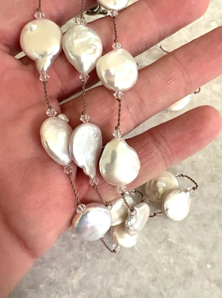 Vintage Margo Morrison Freshwater Pearl, Swarovski Crystal, and Sterling Silver Necklace