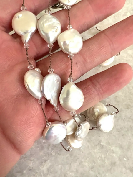 Vintage Margo Morrison Freshwater Pearl, Swarovski Crystal, and Sterling Silver Necklace