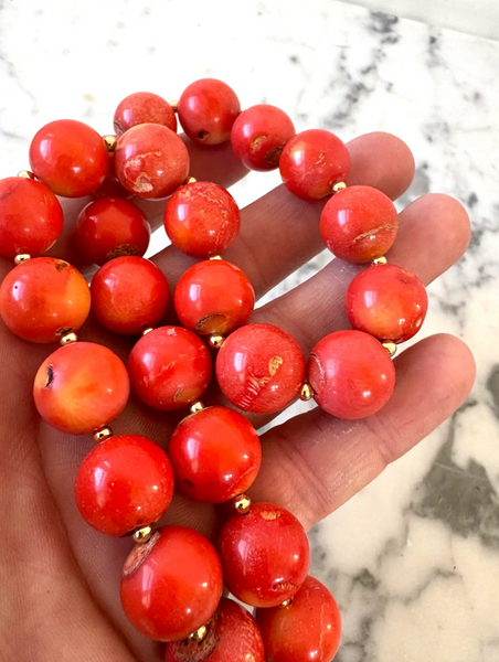 Coral Beaded Necklace With Gold Tone Spacers and Hook Clasp - Designed by Matthew Izzo