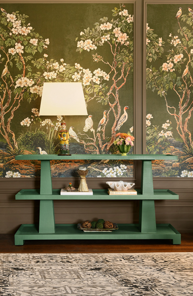 Lowen Three Tier Console Table - Textured Green Linen