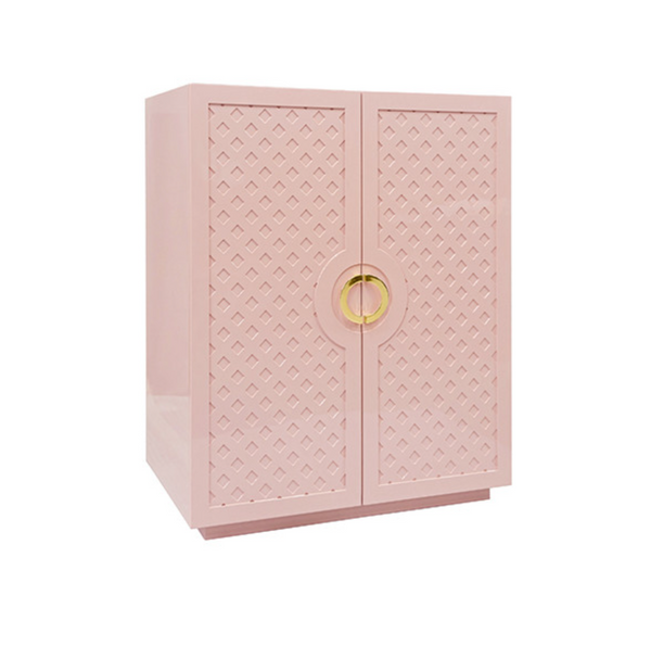 Poppy Pink Glossy Lacquer Cabinet with Lattice Design