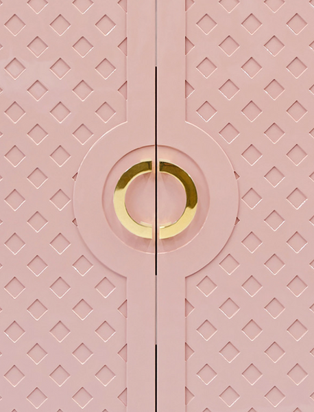 Poppy Pink Glossy Lacquer Cabinet with Lattice Design
