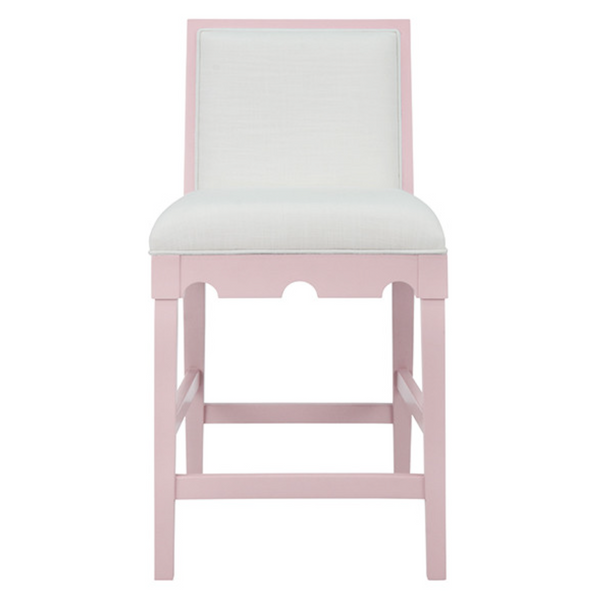 Lanister Pink Matte Lacquer Counter Stool with White Performance Linen Upholstery