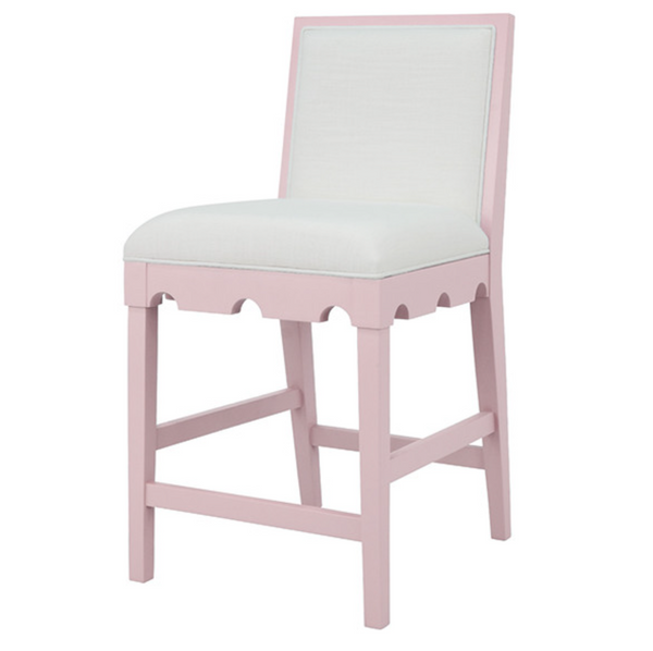 Lanister Pink Matte Lacquer Counter Stool with White Performance Linen Upholstery