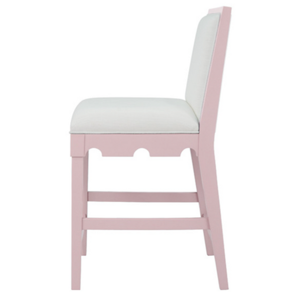 Lanister Pink Matte Lacquer Counter Stool with White Performance Linen Upholstery