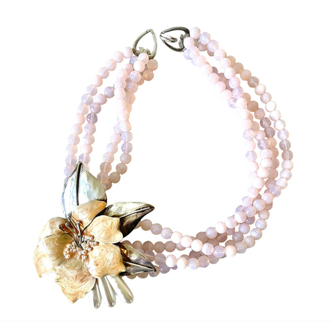 Vintage Sterling Silver & Enamel Necklace with Flower and Pink Opalescent Glass Beads